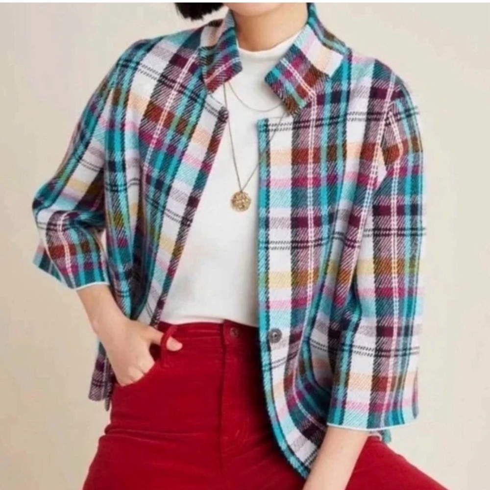 Anthropologie Rosetta Cropped Plaid 3/4 Bell Sleeve Blazer jacket multi color XS